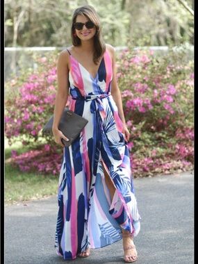 Hutch geometric colorful Sleeveless V-Neck Tropical Print Maxi Dress size Large